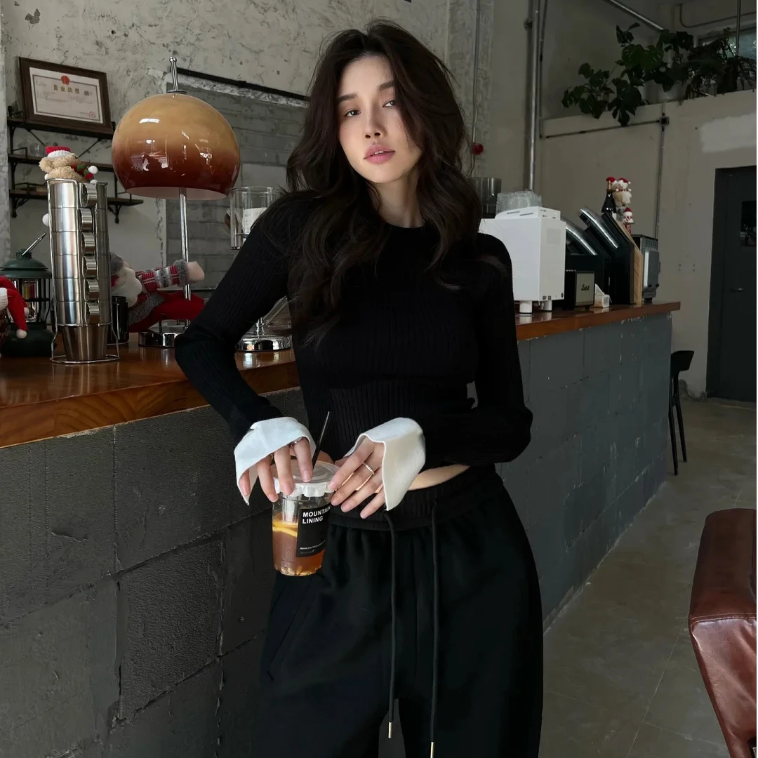 2025春季长袖T恤显瘦针织短款修身黑色黑色春季小众设计感辣妹纯