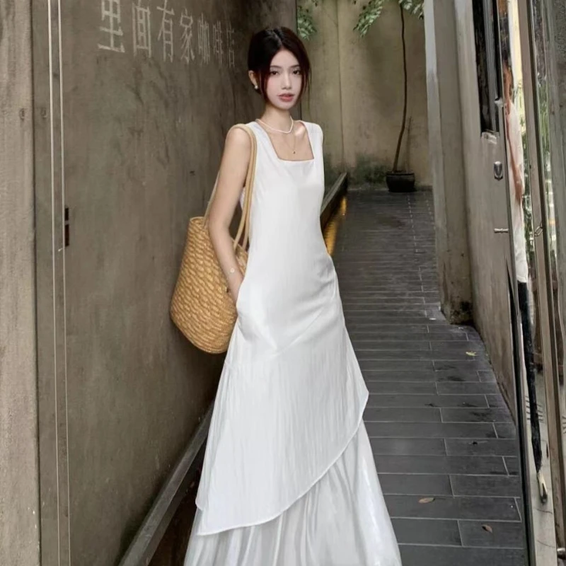 2025夏季仙女裙裙子连衣裙气质白色时尚小众法式收腰拼接裙子