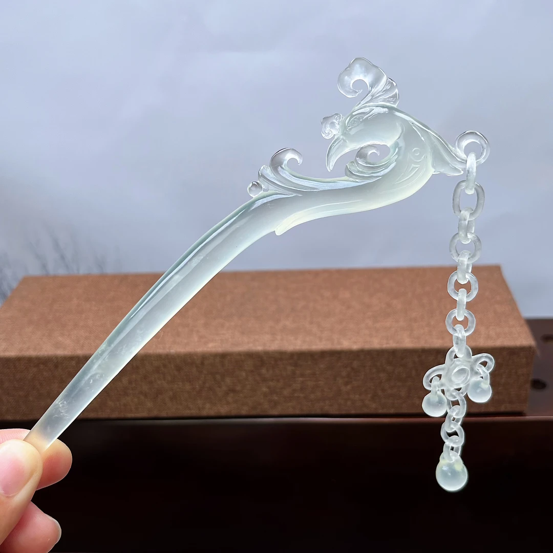 岫玉高品质凤头长流苏发簪   整体长度16.5cm  簪体入发长度12cm