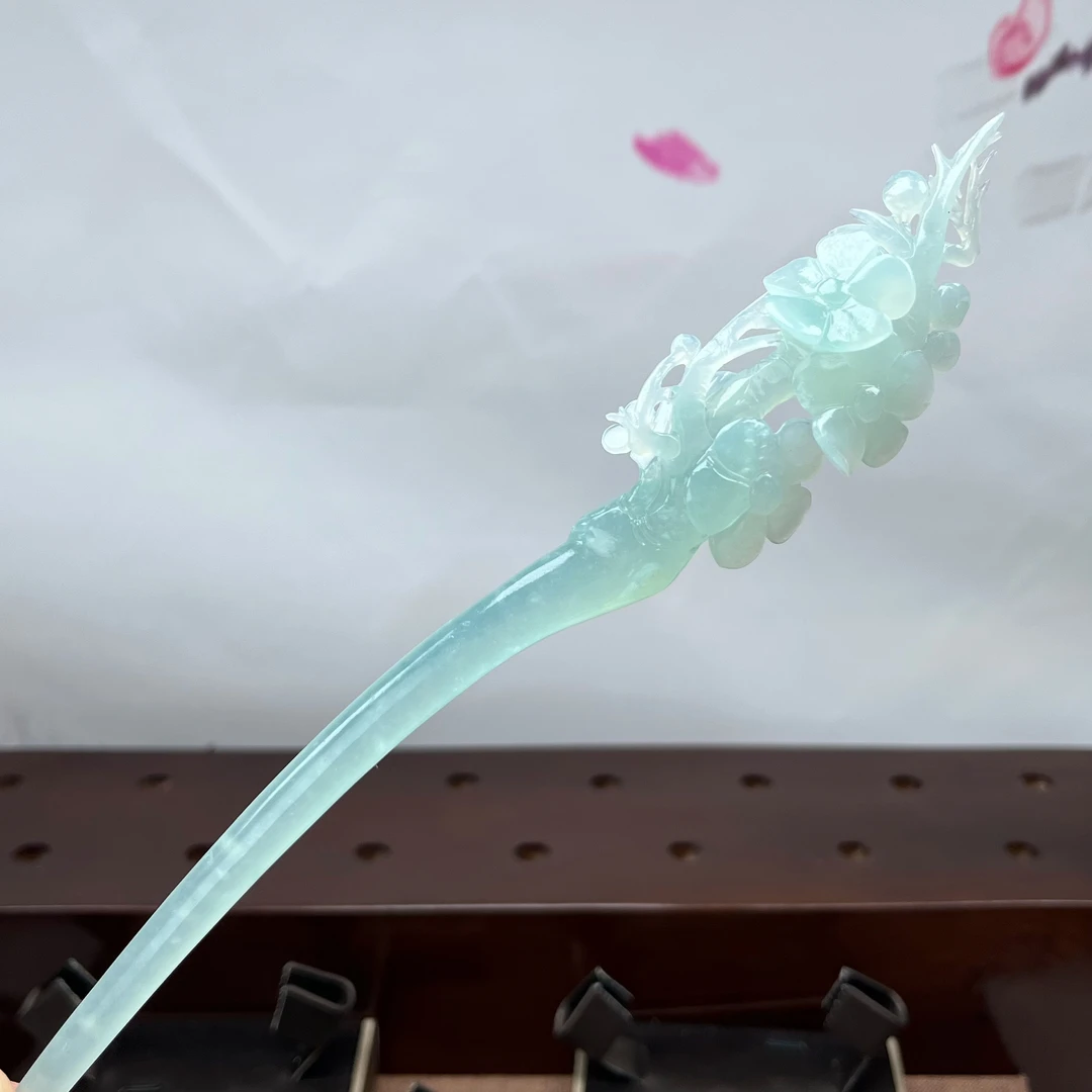 岫玉高品质天青冻梅花发簪  整体长度24cm  簪体入发长度15cm