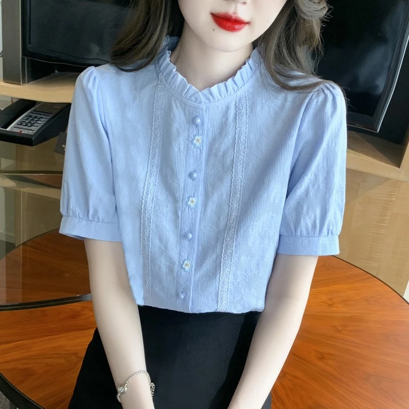 夏季2025年新款女装立领纯棉衬衫女洋气全棉气质提花刺绣上衣短袖