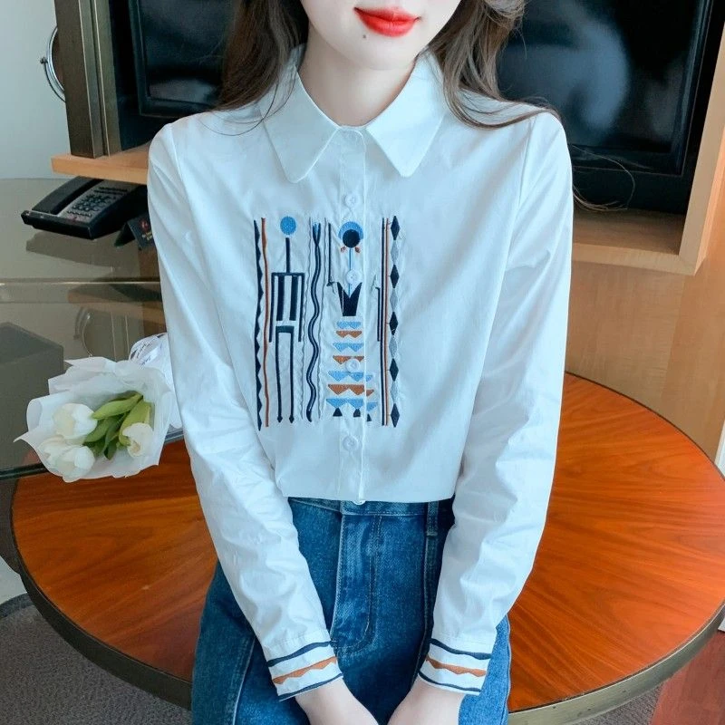 春秋季2025新款时尚刺绣纯棉衬衫女洋气全棉气质长袖白色女士衬衣