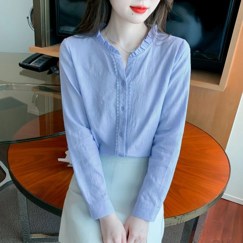 春秋季2025年新款纯棉衬衫女洋气全棉百搭木耳领上衣提花女士衬衣