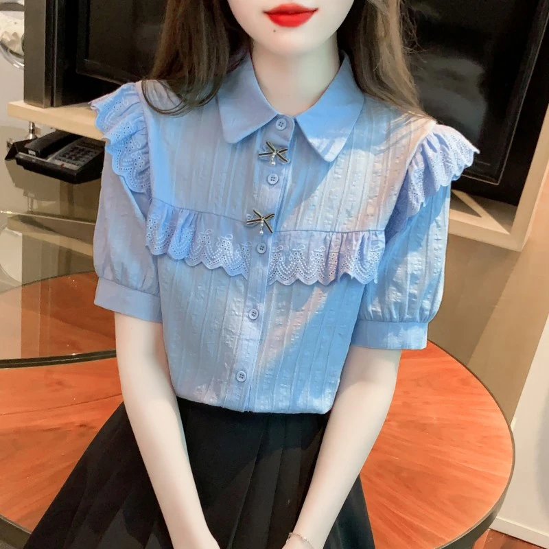 夏季2025新款女装减龄长袖polo领纯棉衬衫女洋气全棉蕾丝花边上衣