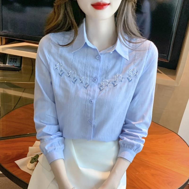 绣花全棉衬衫女长袖2025春秋季新款上班职场OL风休闲白色纯棉衬衣