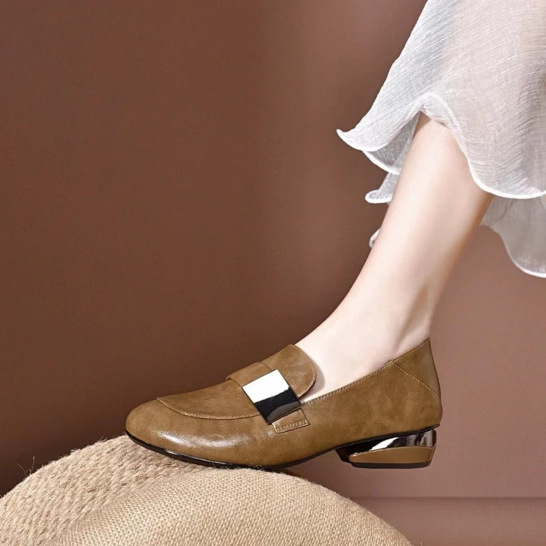 芳韵新款圆头乐福鞋单鞋软底平底女鞋春秋粗跟舒适休闲百搭