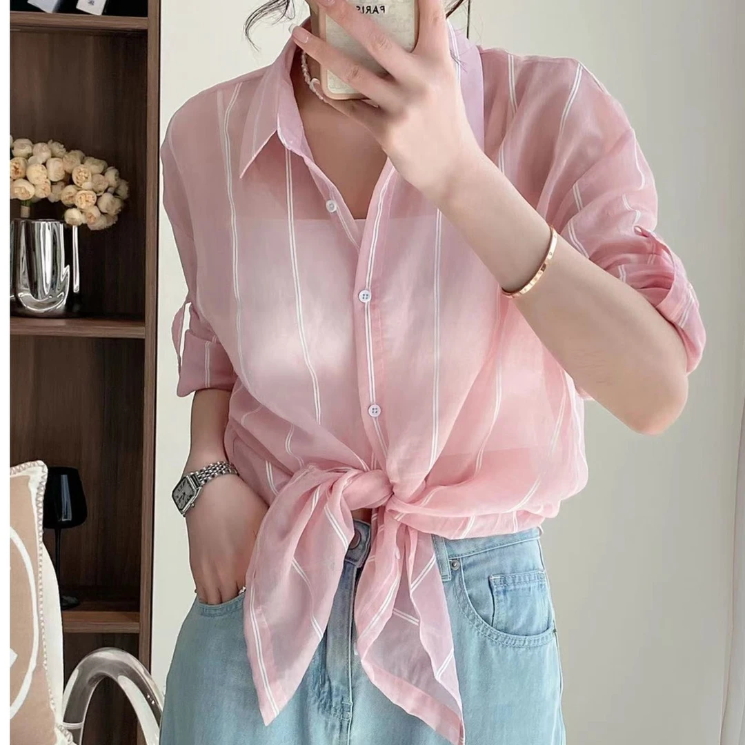 女士春夏粉色系衬衫穿搭防晒衣宽松薄款外搭条纹时尚百搭夏季纯色