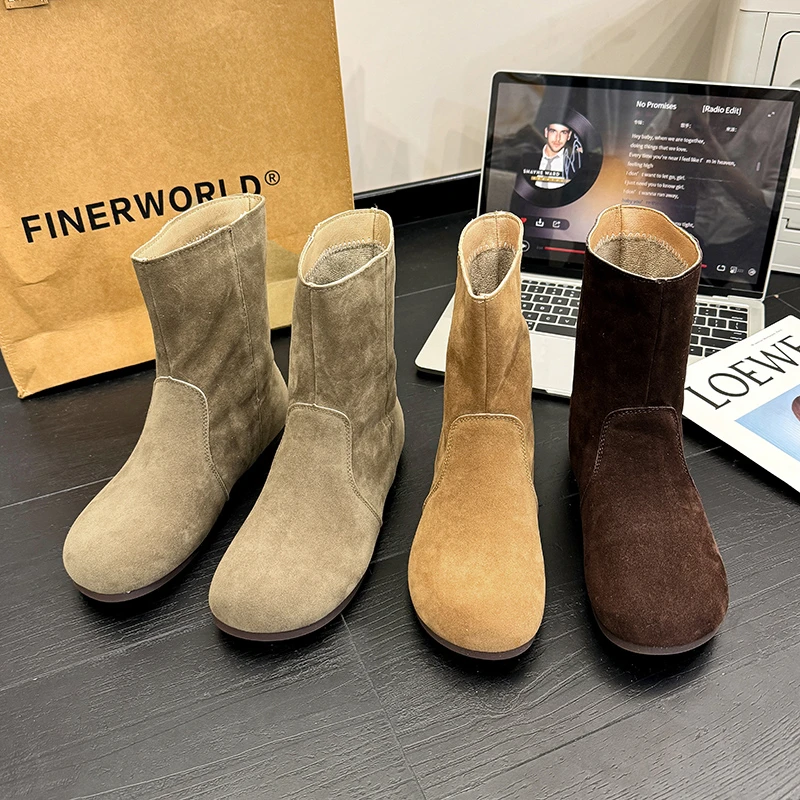 英伦风复古磨砂软面短靴2024秋冬爆款时尚百搭平底驼色绒皮瘦瘦靴