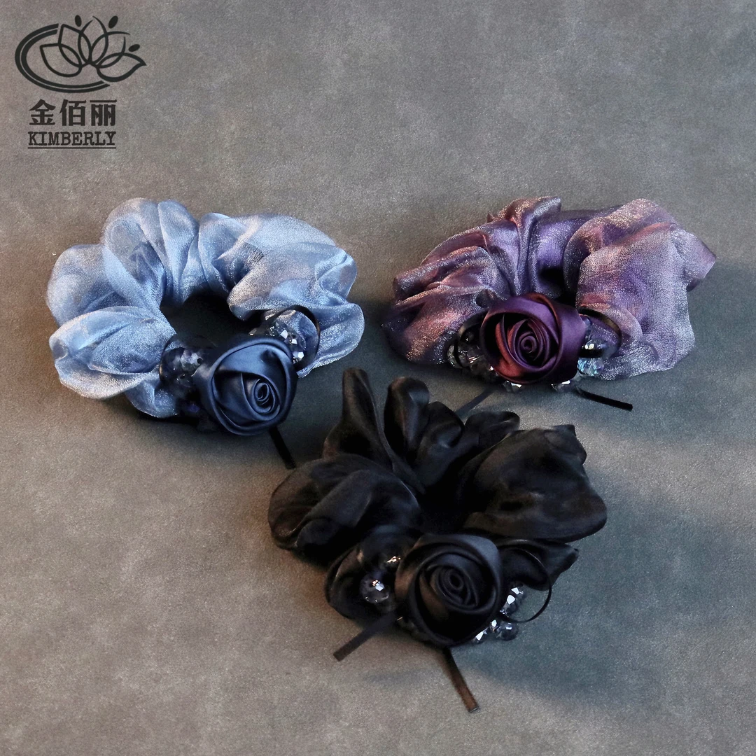 【路易斯玫瑰】手编串珠缎面玫瑰花蝴蝶结洋气简约成人欧根纱发圈