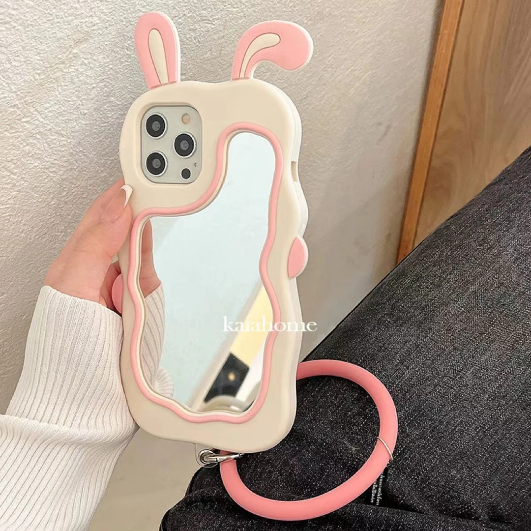 ins补妆镜兔耳朵适用iPhone14Promax苹果11/12/13壳xs硅胶xr