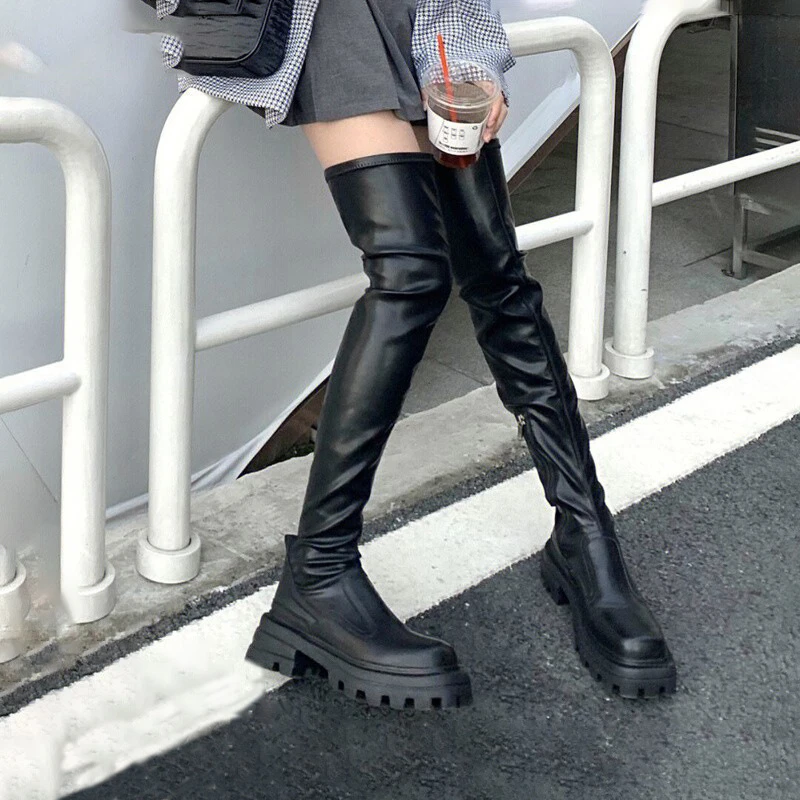 方头系列厚底过膝长靴女2023秋冬显瘦百搭长筒骑士靴侧拉链弹力靴