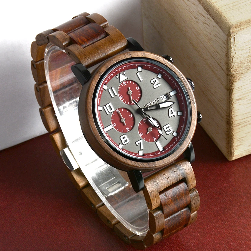 贝威尔男士檀木多功能腕表计时日历石英机芯时尚木制手表直播专用