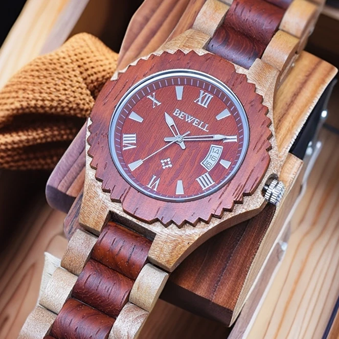 贝威尔时尚木制手表石英日历机芯休闲恋人檀木质腕表