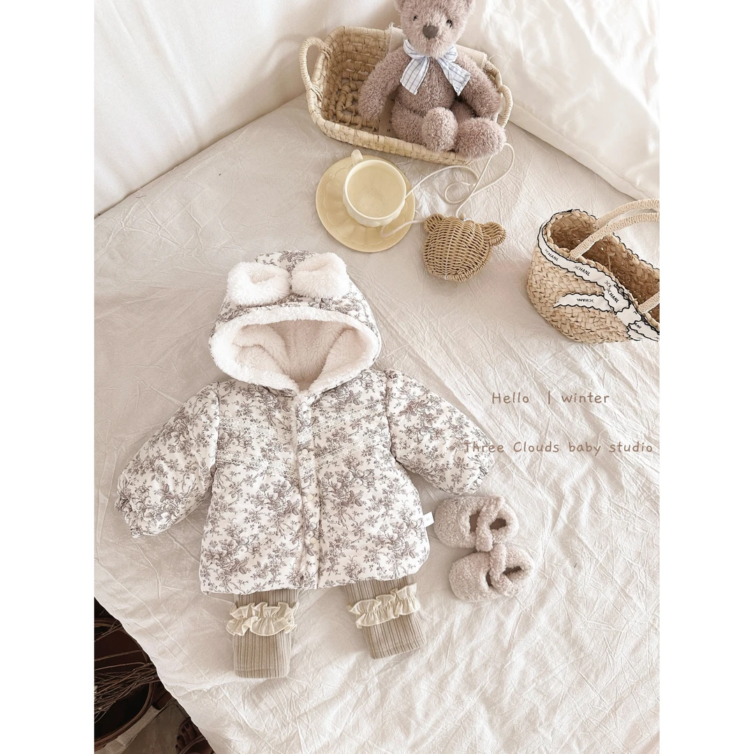 三小朵婴幼儿宝宝女童冬加绒加厚毛绒蝴蝶韩系保暖外套加绒裤子