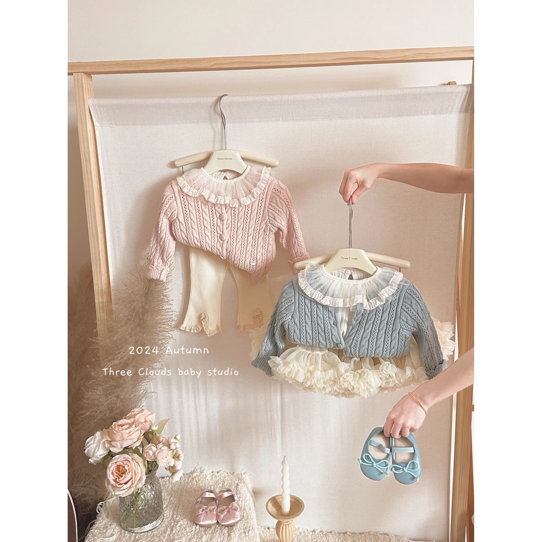 三小朵2168女宝婴幼儿装秋冬手钩圆领开衫毛衣外套打底衫 微喇裤