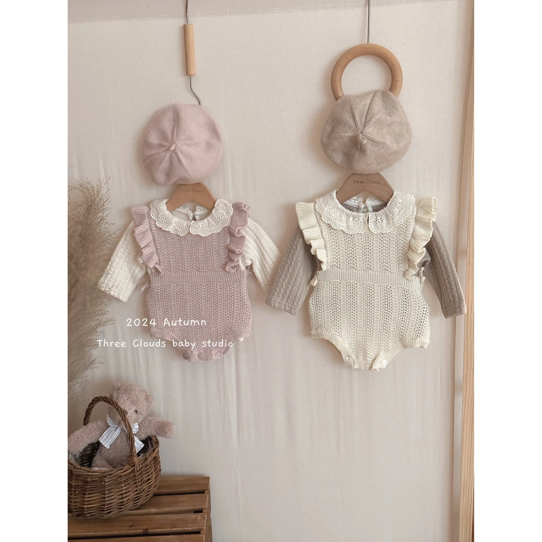 三小朵2157女宝宝婴幼儿女婴针织连体衣爬服飞袖镂空背心包屁哈衣