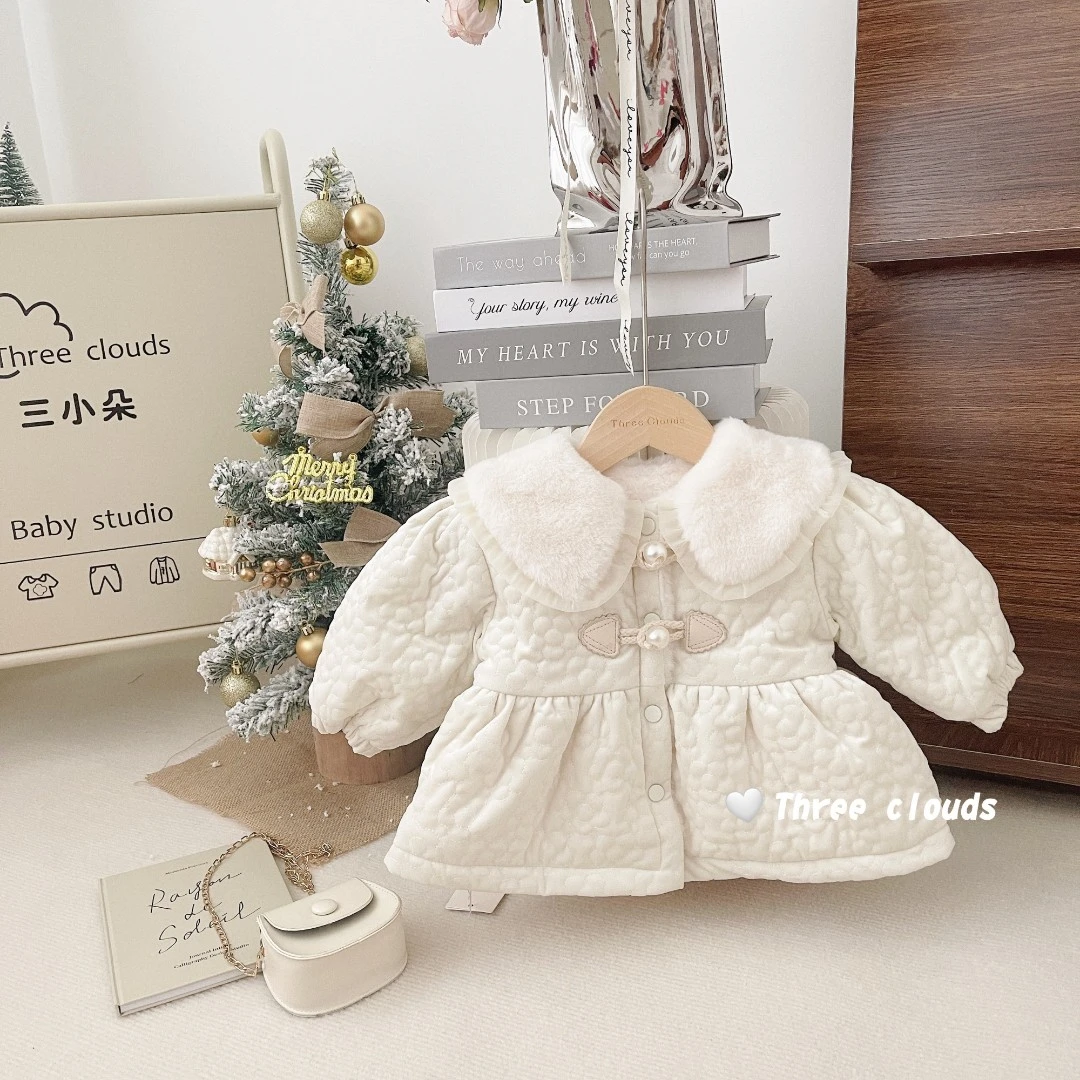 三小朵【初雪】婴幼儿女宝宝秋冬毛领珍珠牛角扣加绒加厚保暖外套