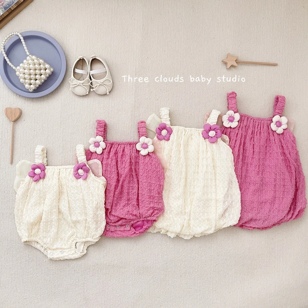 三小朵婴幼儿宝宝女童夏款吊带花朵甜美公主蝴蝶翅膀哈衣连衣裙