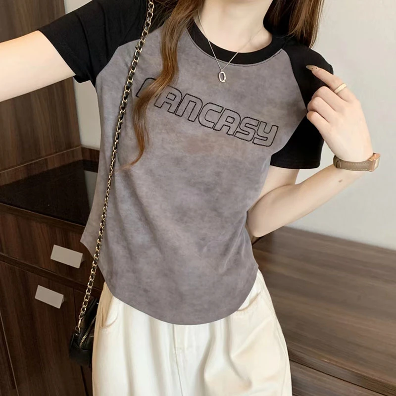 32475大码女装夏季新款遮肚子显瘦短袖t恤胖妹妹正肩小个子上衣