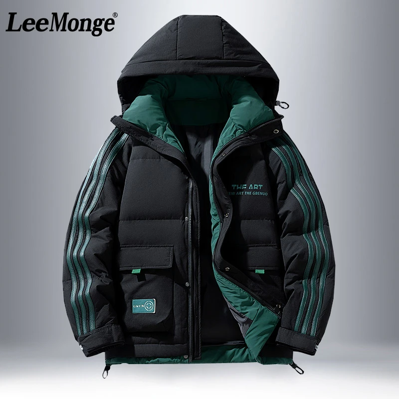 LeeMonge潮牌假两件羽绒服男冬季新短款连帽撞色保暖加厚羽绒外套