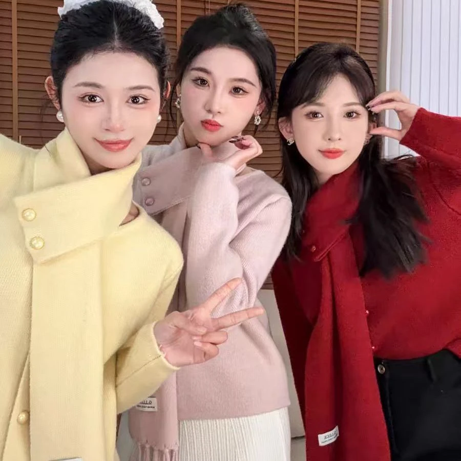 韩系甜美减龄毛衣女冬季设计感可拆卸围巾韩系宽松软糯厚针织毛衫