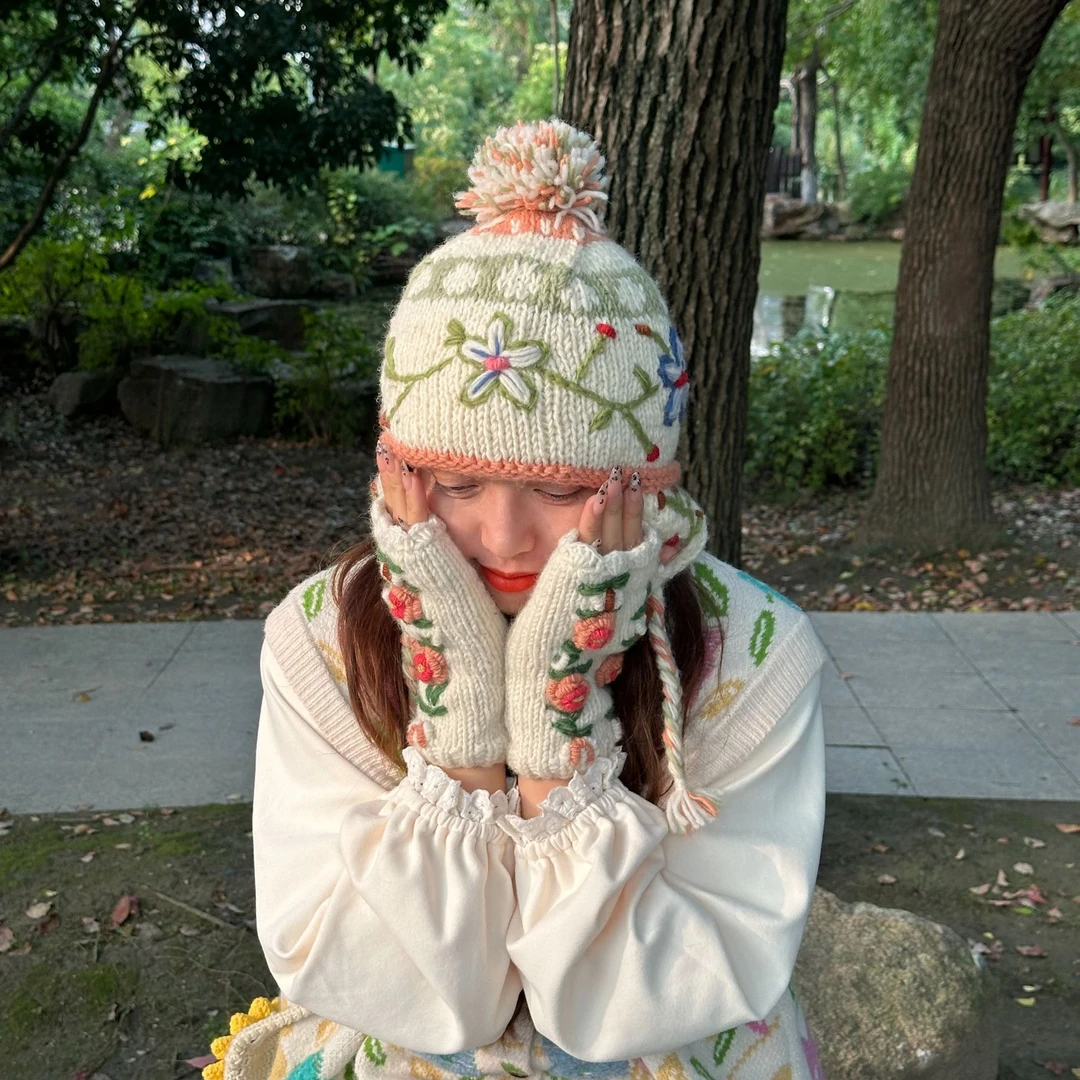 提花刺绣帽子重工手工帽纯羊毛保暖秋冬加绒加厚