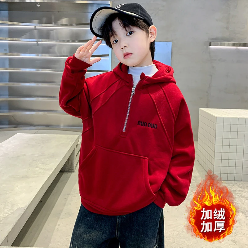 男童一体加绒厚卫衣秋冬款2025新款儿童装冬季红色连帽上衣冬装潮