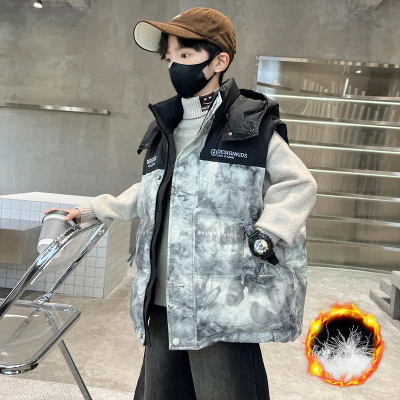 儿童羽绒马甲男童2024新款中大童冬季坎肩加厚男孩连帽上衣外穿潮