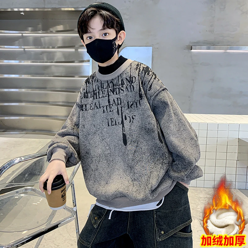 男童一体加绒加厚卫衣2025新款秋冬款中大儿童保暖上衣冬季男孩潮