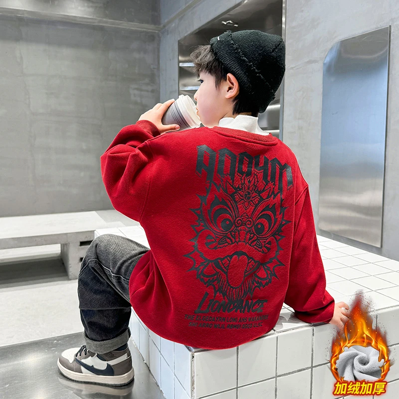 儿童装男童冬装红色圆领加绒卫衣2025新款大童秋冬款男孩新年上衣