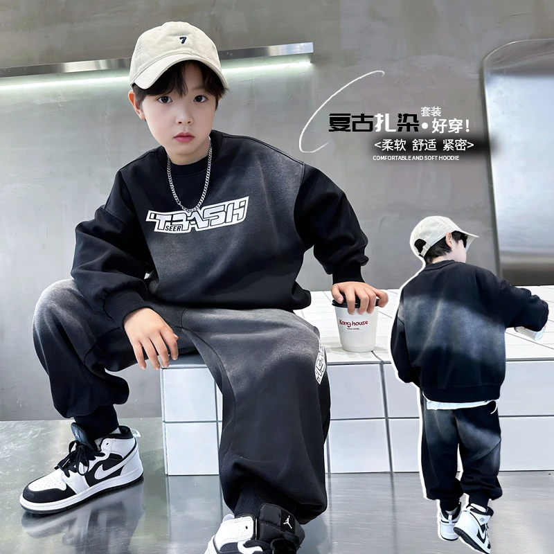 男童加绒卫衣套装2025新款潮儿童运动服秋冬中大童两件套加厚帅气