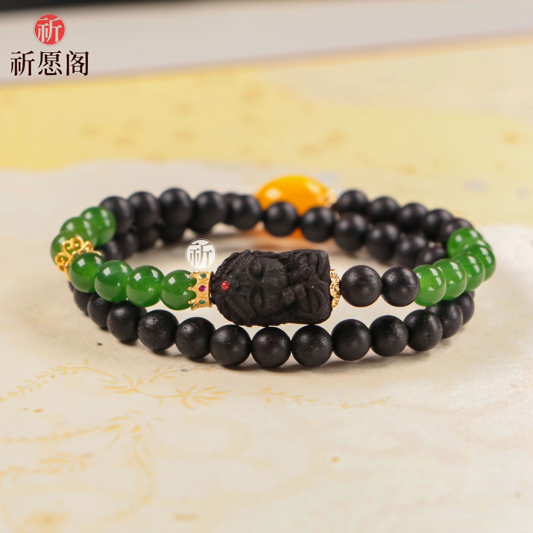 双圈扎基 降真香木质雕刻手串新中式国风珠串木艺木雕串珠