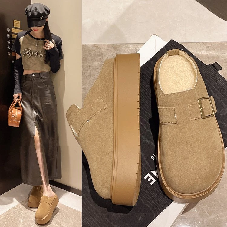 新款上新冬季休闲百搭加绒包头复古英伦风韩版女鞋女士勃肯鞋半拖