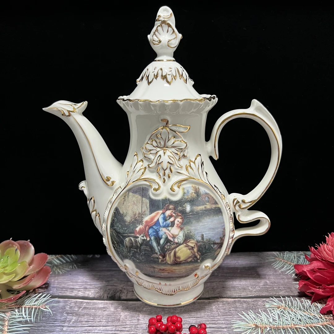 孤品外贸描金宫廷风格浮雕花卉人物下午茶咖啡壶茶壶凉水壶