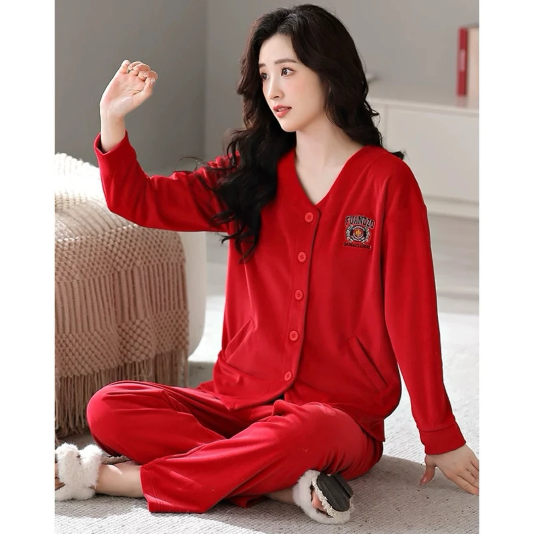 秋冬季新款保暖睡衣女冬季珊瑚绒加厚加绒红色本命年家居服