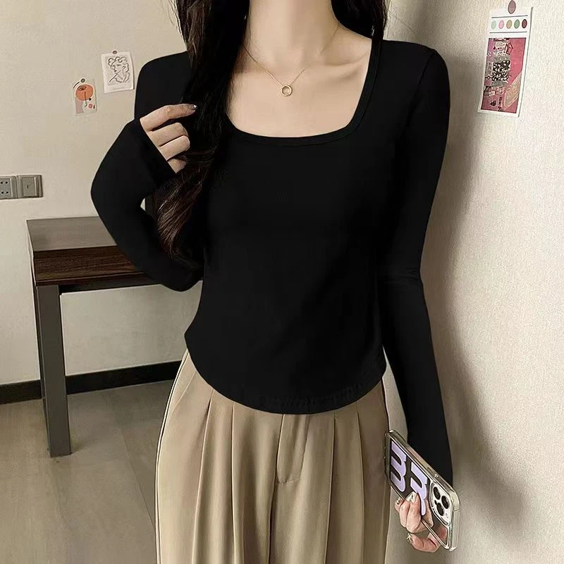 纯欲风方领上衣女白色春秋打底衫内搭百搭洋气低领锁骨紧身小众潮