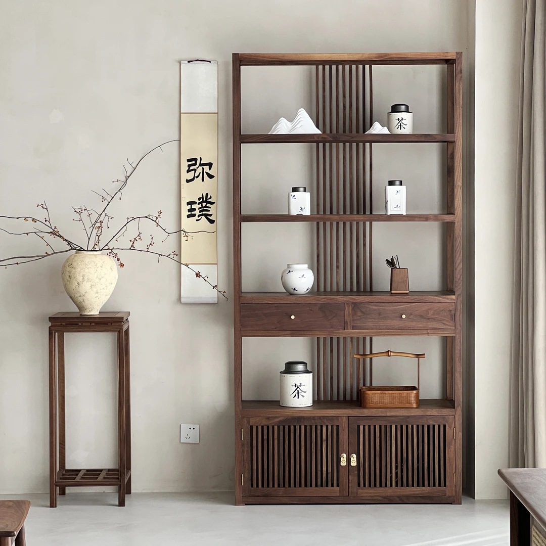 [素简背条柜]北美黑胡桃木家用收纳展示柜茶室博古架茶柜置物架