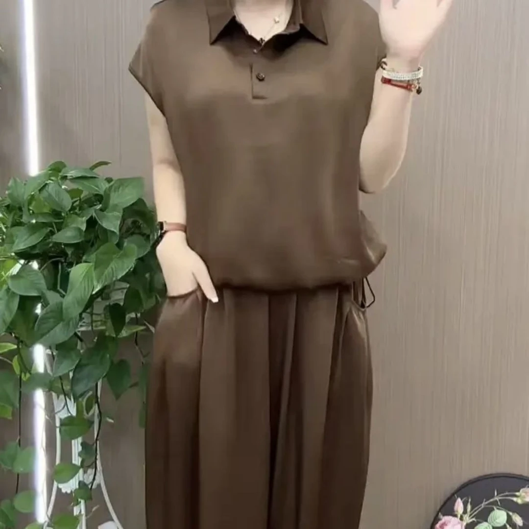 夏季洋气新款高端纯色减龄短袖上衣加裤子百搭妈妈宽松休闲两件套