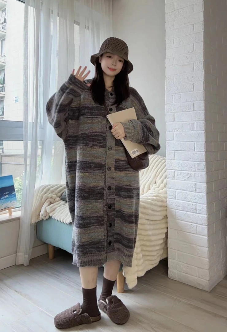 慵懒风彩色条纹中长款单排扣连帽针织外套 长毛衣开衫长袖宽松