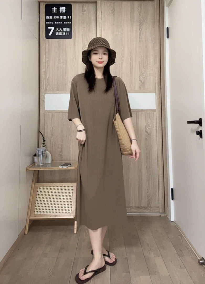 自制款 螺纹弹力无痕裁剪圆领连衣裙中长款宽松显瘦裙子夏款