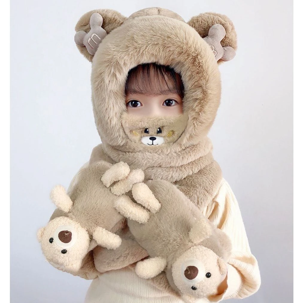 儿童帽子冬季女童围巾一体帽男童宝宝围脖手套三件套口罩防风护耳