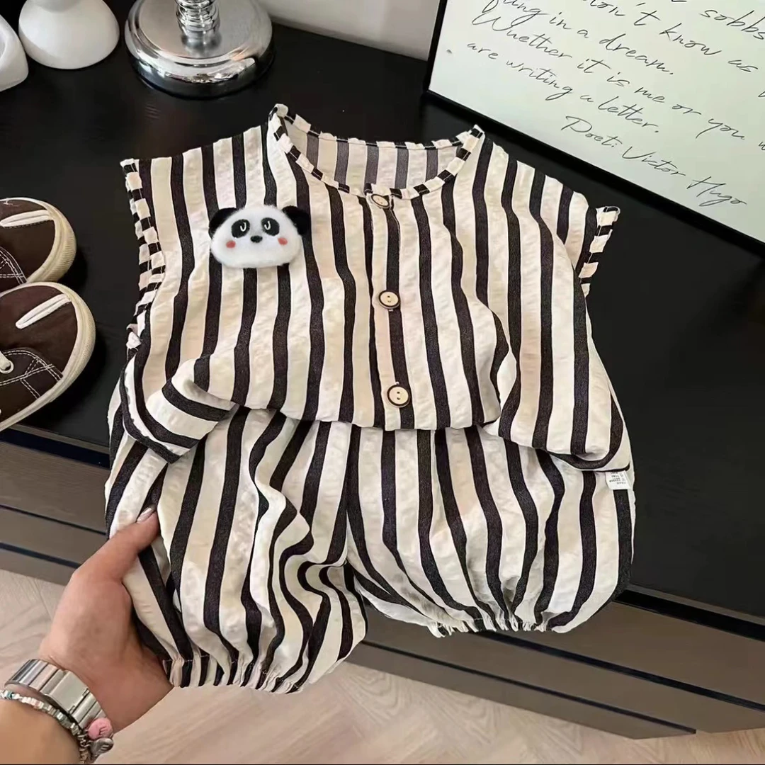 【A类熊猫玩偶套装】儿童夏季开衫条纹二件韩版熊猫玩偶背心套装