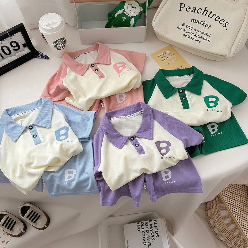 【热卖爆款】儿童新款宽松短袖翻领华夫格休闲韩版夏季洋气时尚套装