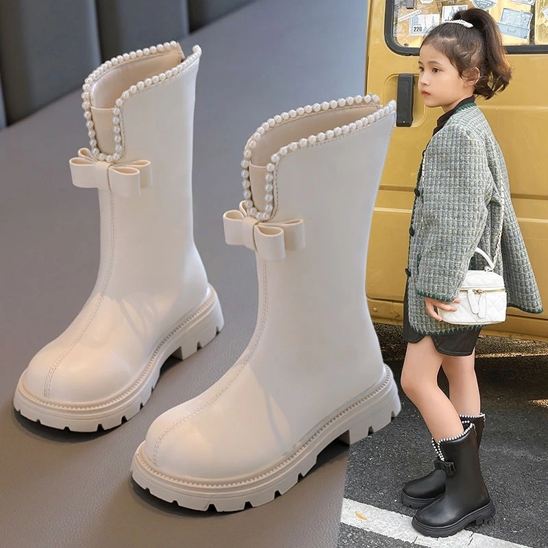 靴子女童加绒皮靴洋气秋冬公主靴新款中筒马丁时装靴儿童高筒长靴