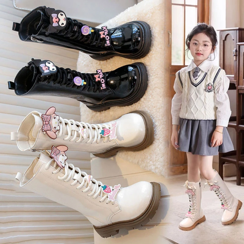 库洛米时尚女童靴子加绒长筒靴新款冬季儿童高筒棉靴公主马丁皮鞋