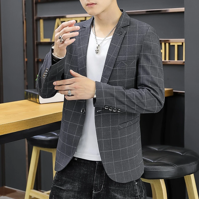 2022秋冬韩版格子休闲修身西服外套上衣商务休闲百搭男装外套