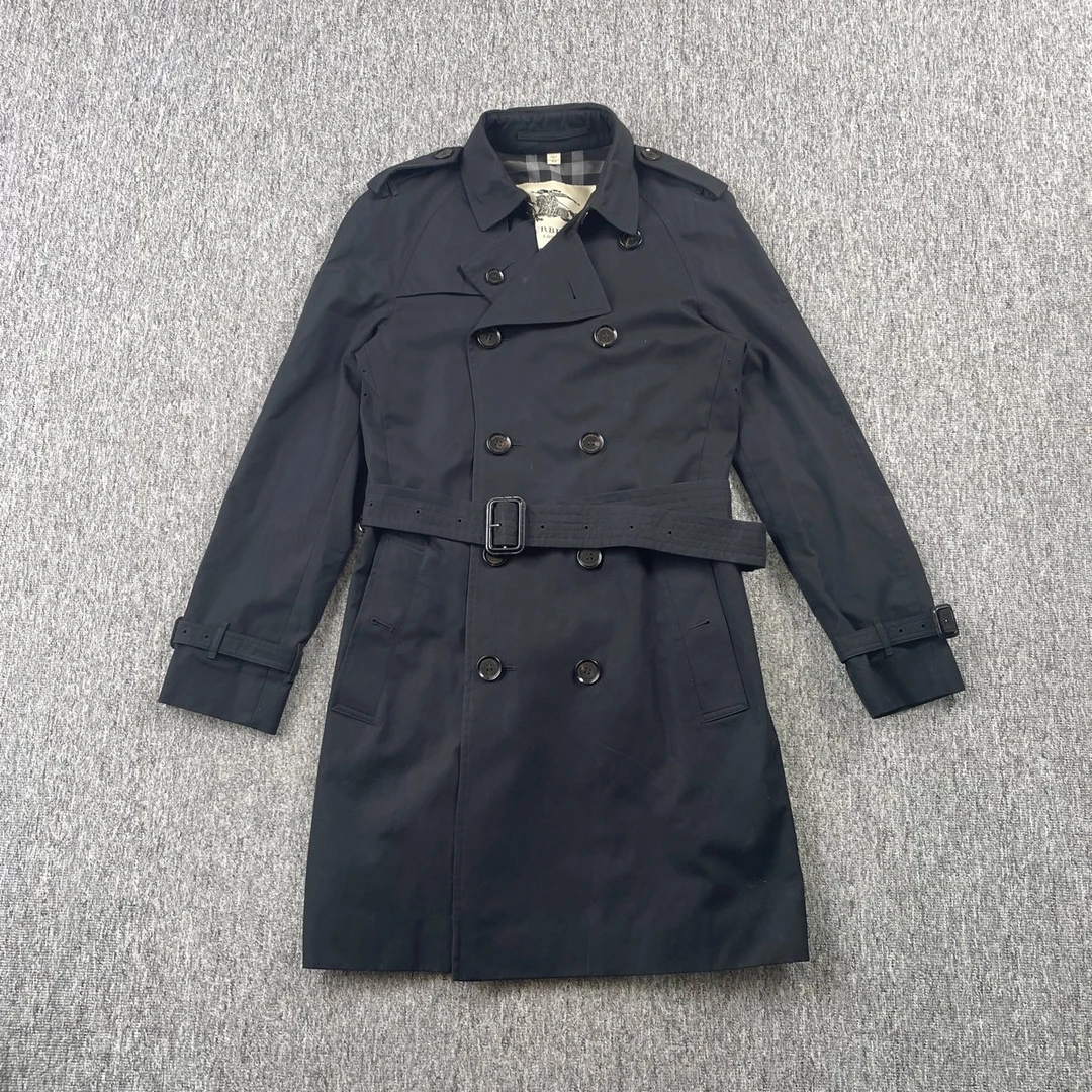 51951/Burberry 黑色双排扣中长款系腰带长袖风衣/46码/98新