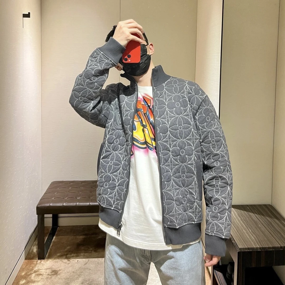 9615/LOUIS VUITTON FW22灰色Logo花卉刺绣拉链夹克外套/S码/95新