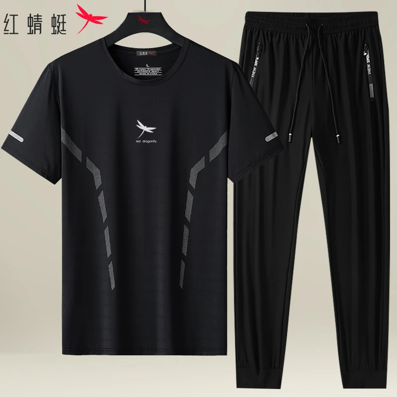 REDDRAGONFLY/红蜻蜓冰丝套装男士夏季短袖T恤弹力九分裤运动套装
