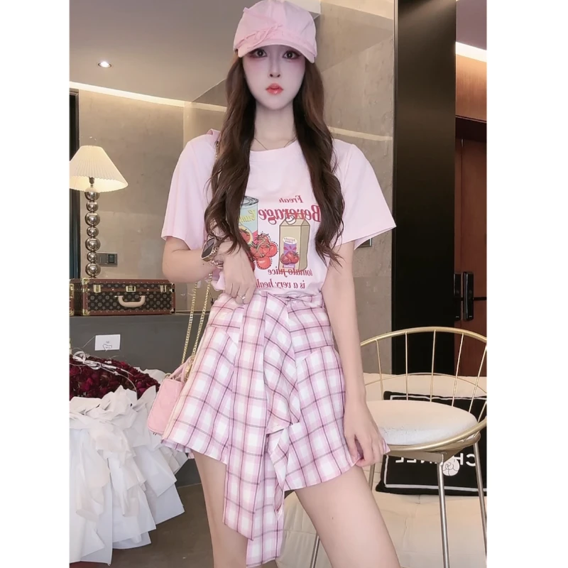 【粉格裙裤】格子不规制裙摆裙子百搭时尚潮韩CX1123